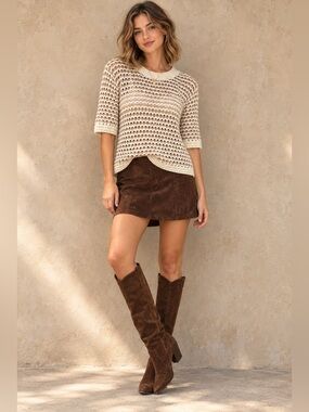NWT Nanette Nanette Lepore 100% Cotton Open Knit Striped Sweater Tan Cream M